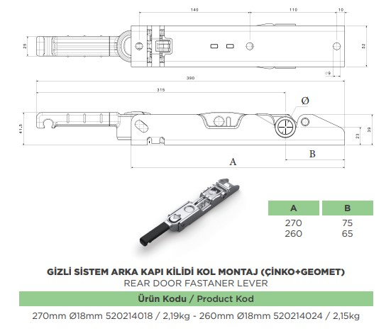 GIZLI SISTEM ARKA KAPI KILIDI 270 MM TABAN SAC+KOL